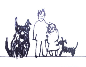 Aaron's drawing of our family. (Dogs not to scale)