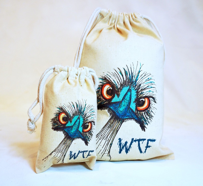 WTF ostrich drawstring bags.