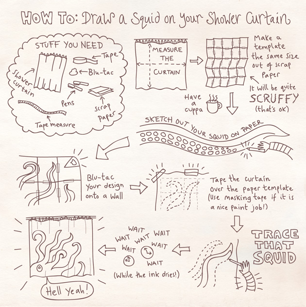 DIY shower curtain: draw a squid on it! • Offbeat Home & Life